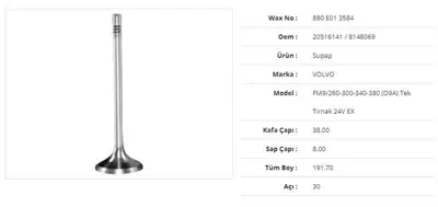 WAX 880 E01 3584 Subap Egzoz Volvo Fm9/260-300-340-380(D9a ) Tek Tırnak 24v 38kx8sx191,7bx30a (12adet) 