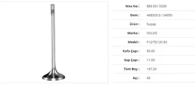 WAX 883 E01 0339 Subap Egzoz Volvo F12/Td120 50kx11sx167,2bx45a (6adet) 