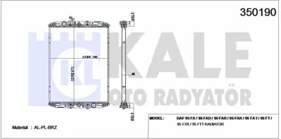 KALE 350190 Motor Su Radyatoru Daf 95 Fa / 95 Fad / 95 Far / 95 Fak / 95 Fat / 95 Ft / 95 Ftr / 95 Ft (Cercevesı 