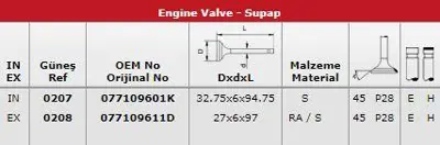 GÜNEŞ 0207-0208 Subap Takımı (In 16 / Ex 16) A8 S8 3,7 V8 32v GM 