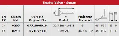 GÜNEŞ 0209-0210 Subap Takımı (In 16 / Ex 16) A8 S8 4,2 V8 32v GM 