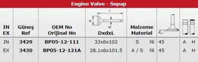 GÜNEŞ 3429-3430 Subap Takımı Mazda Famılıa 323 1,8 16v (In 8 / Ex 8) GM 