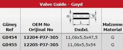 GÜNEŞ G0454-G0455 Subap Gaydı (In 8 Ex 8) Cıvıc 1,6 16v (5,50mm) GM 