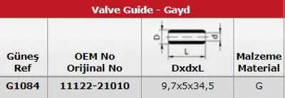 GÜNEŞ G1084 Subap Gaydı (In 8 Ex 8) Yarıs 1,3 16v GM 