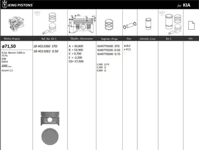 KING PISTON 18-4011060 Motor Pıston+segmanı ( Rıken )  71,50+stdmm Cap Accent 1,3 Mılenyum G4k 4 Sıl. Benzınlı 1300 Cc 75 P 