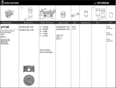 KING PISTON 18-4011193 Motor Pıston+segmanı ( Rıken )  77,50+0,50mm Cap Accent-Elantra, I30, I20, Ix 35 G4fd 4 Sıl. Benzınl 