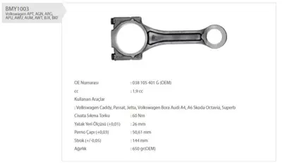 BMY 1003 Pıston Bıyel Kolu 1.9tdı Passat Sharan Touran A4 Bsu Atj Bru Bsw Auy Arl Anu Btb Avq Avb 38105401G