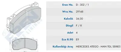 ITHAL YERN-D.302/1 M201 Fren Balatası Ön Arka Man Tgl,Tgm 12.180 - Sultan Mercedes Atego Y.M (Yesıl Kutu Otobus Icın) GM YERND3021M201