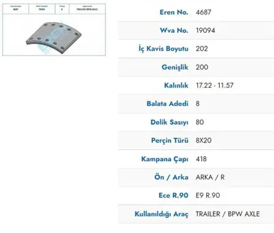 ITHAL 4687 M71 Dorse / Bpw Dingil Fren Balatası Pabuc Borankay 20mm   10 Delık GM 4687 M71