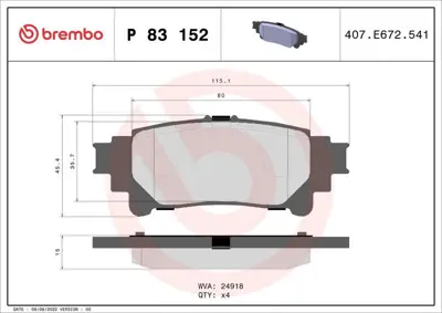 BREMBO P83152 Fren Balata Seti Rx 08> / Prius 11> Arka GM 044660E010