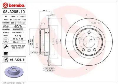 BREMBO 08.A205.10 Fren Diski E-87/90/91 Arka 120/318/320 Düz Tek GM 34116855000, GM 34214031275, GM 34214031725, GM 34216764649, GM 34216767145, GM 34216767146, GM 34216769271, GM 34216774417, GM 34216777240, GM 34216779294