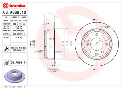 BREMBO 08.A869.10 Fren Diski İ30 Ceed 06-12 İx35 10> Arka GM 17640ABS, GM 186590, GM 230592, GM 3503011U1510, GM 3562501, GM 517121D000, GM 517121D100, GM 517121F000, GM 517121F300, GM 517121GF300