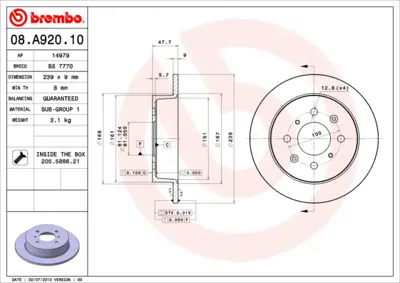 BREMBO 08.A920.10 Fren Diski Cıvıc Hb 91>sdn 96> Jazz 02> Arka Ç:239 GM 1605731, GM 1A002643Z, GM 21H5137, GM 24010901111, GM 42431YZZAE, GM 42510SD2930, GM 42510SD2A00, GM 42510SE0000, GM 42510SE0010, GM 42510SELT50