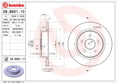 BREMBO 08.B601.10 Fren Diski C-Max/Kuga/Transit 10-19 Arka GM 1012799240, GM 1233679, GM 12799240, GM 1324300, GM 13322091, GM 1360254, GM 1360304, GM 1360306, GM 15271565, GM 1566096