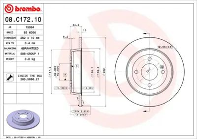 BREMBO 08.C172.10 Fren Diski İ20 Accent Blue 14>arka GM 584110u000, GM 584110U300, GM 58411C8000, GM 92242203, GM S584110U300