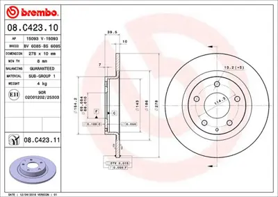 BREMBO 08.C423.11 Fren Diski Mazda 6 2.0 2.2d 13>arka GM 92254703, GM GHT226251, GM GHT226251A