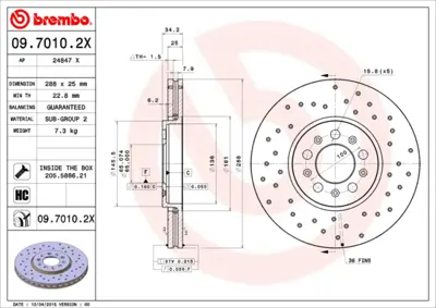 BREMBO 09.7010.2X Fren Dıskı Vw Polo 1.4 16v-1.4 Tdı Ön 288x25 Delikli Kaplamalı GM 6R0615301A