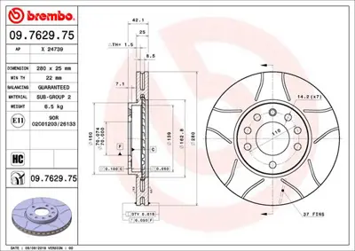 BREMBO 09.7629.75 Fren Diski Astra G/H Combo C Zafıra A/B  5 Bij. Ön GM 1515021, GM 1605009, GM 1605025, GM 1605035, GM 1605037, GM 1605039, GM 1605040, GM 1605080, GM 1605086, GM 1605093