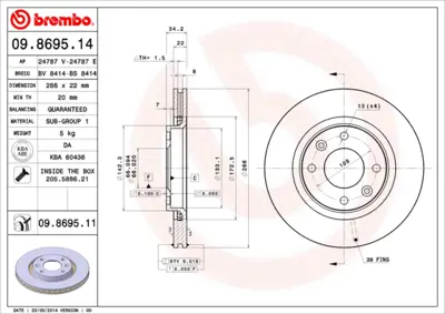 BREMBO 09.8695.11 Fren Diski Opel Corsa F/Crossland X  266mm (Kaplamalı) Ön GM 1606401480, GM 1610489680, GM 1610740680, GM 1610740780, GM 1611140680, GM 1611293980, GM 1611334680, GM 1612293980, GM 1613191380, GM 1613192280