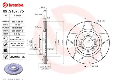 BREMBO 09.9167.75 Fren Diski Vw Caddyııı Ön,Golfv Ön 280x22 Oluklu Kaplamalı GM 16D615301, GM 180698151A, GM 1J0698151D, GM 1J0698151E, GM 1J0698151F, GM 1J0698151G, GM 1J069815F, GM 1K0615301, GM 1K0615301AC, GM 1K0615301AK