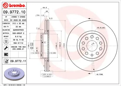 BREMBO 09.9772.11 Fren Diski Vw Golfv,Passat 05- Ön  312x25 Kaplamalı GM 1K0615301, GM 1K0615301AA, GM 1K0615301AAkit, GM 1K0615301AJ, GM 1K0615301D, GM 1K0698151, GM 1K0698151C, GM 1K0698151E, GM 1KD615301, GM 1KD615301B