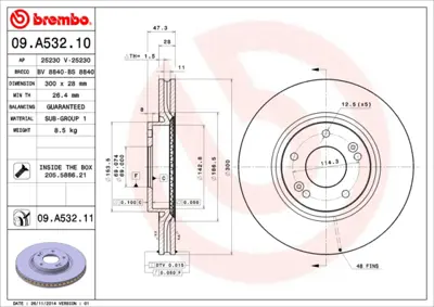 BREMBO 09.A532.10 Fren Diski İx35 10>i30 Ceed 16/17inç 12-17 Ç:30 Ön GM 1325772080, GM 14210910, GM 2E0698151, GM 2E0698151B, GM 2E0698151E, GM 34116792221, GM 34207820, GM 34207910, GM 4216110, GM 44206720