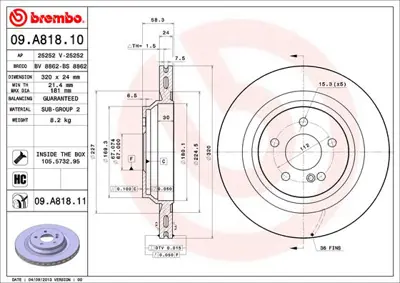 BREMBO 09.A818.11 Fren Diski  221 Arka 500/600 GM 2214230412, GM 2214231012, GM 221423101207, GM 221423101217, GM 92160705, GM A2214230412, GM A2214231012, GM A221423101207, GM A221423101217, GM B45G26251A