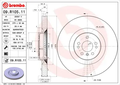 BREMBO 09.R105.11 Fren Diski 164 (Ml) Ön Tek GM A1644210612