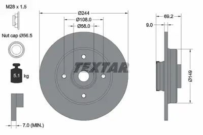 TEXTAR 92305403 Fren Diski Opel Crossland X 244mm (Rulmanlı) Arka GM 1623835180, GM 39181957