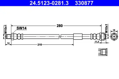 ATE 24.5123-0281.3 Fren Hortumu Arka Bütün Mod 1 Ucu Dişi 280 Mm GM A2104280035