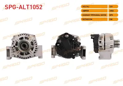 SPAGO SPG-ALT1052 Alternator V Tıpı 12v/105a 6pk (Alt442) Doblo 1.3 Jtd 05- / Grande Punto 1.3 D Mjt 05-13 / Lınea 1.3 SPGALT1052