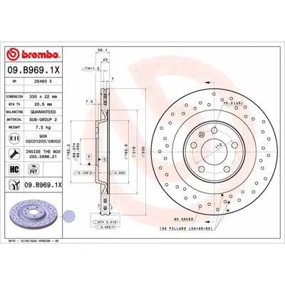 BREMBO 09.B969.1X Fren Dıskı Vw A6-A8-A4 2010-> Quatro Arka 330x22 Delikli Kaplamalı GM 4020600Q0M, GM 4020600Q1A, GM 402061715R, GM 402066300R, GM 4H0615301H, GM 4H0615601D, GM 4H0615601H, GM 4H0615601K, GM 4H0615601Q, GM 80A615601A