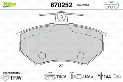 VALEO 670252 Fren Balatası Ön Kulaksız 19.5mm Vw VALEO 670252