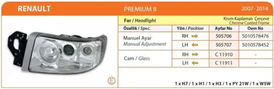 AYFAR PC-11910 Far Camı Sağ Renault Premıum 06> GM 1525772, GM 21636307, GM 21636312, GM 5010578451, GM 5010578452, GM 5010578472, GM 5010578475, GM 5010578476, GM 5010578478, GM 5101578476