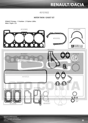 OTO CONTA 40107602 Motor Takım Contası 1,6 / R21 Optıma / Faırway R9 Skt Keçelı 33420621 3344047 33442096 7701463110 7701463932 7701464292 7701465227 7701466406