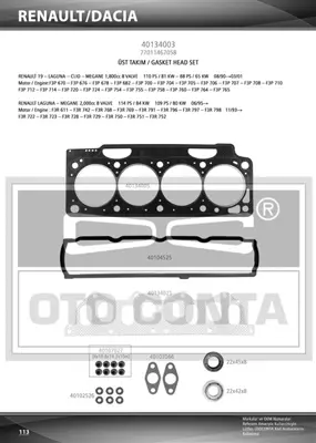 OTO CONTA 40134003 Ust Takım Contası Laguna 1,8 / 2,0 Clıo Megane Skt Keçelı 33448952 7701467058