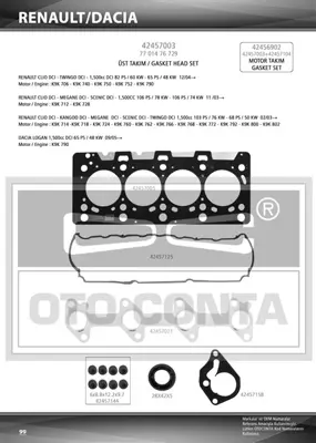 OTO CONTA 42457003 Ust Takım Contası Keçelı Subap Lastıklı Megane 1,5dcı Yenı Model 1010100Q0D 1010100QAS 1010100QAW 1104400Q0T 1104400Q1L 1104400QAR 1104400QAU 110444213R 110446505R 1105600Q0B