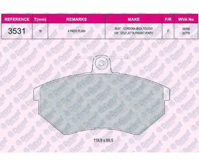 FERBE 20800 Fren Balatası On Wva 20168 Golf Iı Iıı Polo Classıs 95-- Passat Cordoba Caddy Iı 95-04 1HM698151 1HM698151A 321615301D 323215901E 357615115A 357615115B 357615116 357615116A 357615301D 357698115C