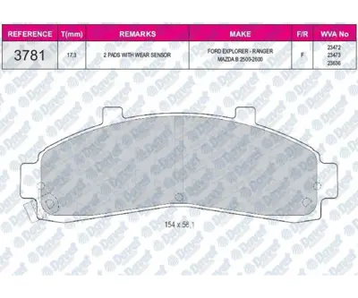 FERBE 34500 Fren Balatası On Wva 23472 (Ford) Explorer (99-02) Mazda) B2500 2600 1L2Z2001CA 1U1C3328Z 1U1K3328Z 1U2Z2V001TA 2L542001A 2L542001AA 2L5Z2001AA 3352413 3506029 3648797