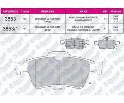 FERBE 39201 Fren Balatası Arka Wva 23483  Laguna Iı  Focus C Max Connect  Vectra C (Usten Yaylı) 1012799240 1012800120 101590349 1205697 1207518 1223540 1223543 1223566 1223568 1223663