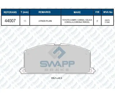 SWAPP 44007 Fren Balatası On Corolla 1.3 1.6 Karburatorlu 88-97 Corona 88-91 Wva 20870 13329562 13411116 1605100 1605175 1605848 1605851 1605852 1605913 1607690380 1607690480