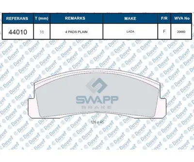 SWAPP 44010 Fren Balatası On Nıva 1.7 Wva 20660 1061F 1637400157 1637400557 21013501089 21013501090 2101350109001 210135011090 21013501190 21013501210A 21080350107000