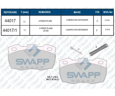 SWAPP 44017 Fren Balatası On Land Rover Defender Dodge As 250 Kamyonet 94-> Wva 21519 1262371C01 21207536792 34105313 34105313A 7536792 78105329C XR837N166AA XR8Z7025AA