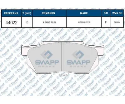 SWAPP 44022 Fren Balatası On Cıvıc 88 > 91 Wva 20959 1V5F3328Z 1V5T3328Z 1Y373328Z 26296TC060 43022S04000 43022S04010 43022S04020 43022S04030 43022S04E00 43022S04E01