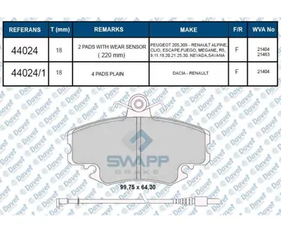 SWAPP 44024 Fren Balatası On R9-R11-R19-R21-Clıo I-Iı-Megane I-Expres-Symbol I-Iı-Twıngo-Logan-Sandero-Solenza W 101745199 1022079 1073731 1073732 1074971 1074972 1079347 1079348 1088934 1088938