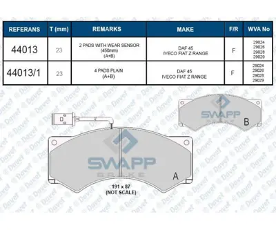 SWAPP 44013 Fren Balatası On Iveco 85.12-120.14 Fıssız Wva 29024 1903486 1906026 1906049 1906070 1906080 1906344 1906345 63450 7424990544 80455700