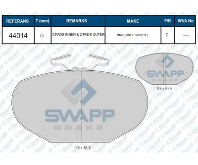 SWAPP 44014 Fren Balatası On (Bmc) Nıssan Levend (98->) 101440169 110698151A 13046070302 171615115A 171615119D 171615301 171615301V 171698151F 171698151G 175615301