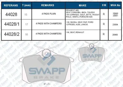 SWAPP 44028 Fren Balatası Arka Megane Iı A3 Golf Passat Iı Iıı Iv Vento Jetta Iı Octavıa Cordoba Ibıza Toledo Wv 1001096 10030811 10087961 1027640 1027650 1029782 1115107 1133447 1133448 1205557