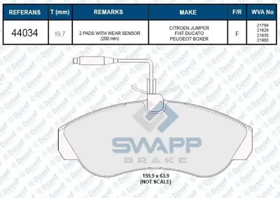 SWAPP 44034 Fren Balatası On Fıslı Wva 21800 Ducato Boxer Jumper 1800kg (94-02) 13046028522 1307356080 13329562 13411116 1506569 1605100 1605175 1605848 1605851 1605852