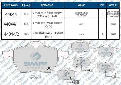 SWAPP 44044 Fren Balatası On Fıslı Wva 20676 Passat A6 1.8t 2.4 2.8 1.9tdı 1001095 1031843 95VW2K021BA